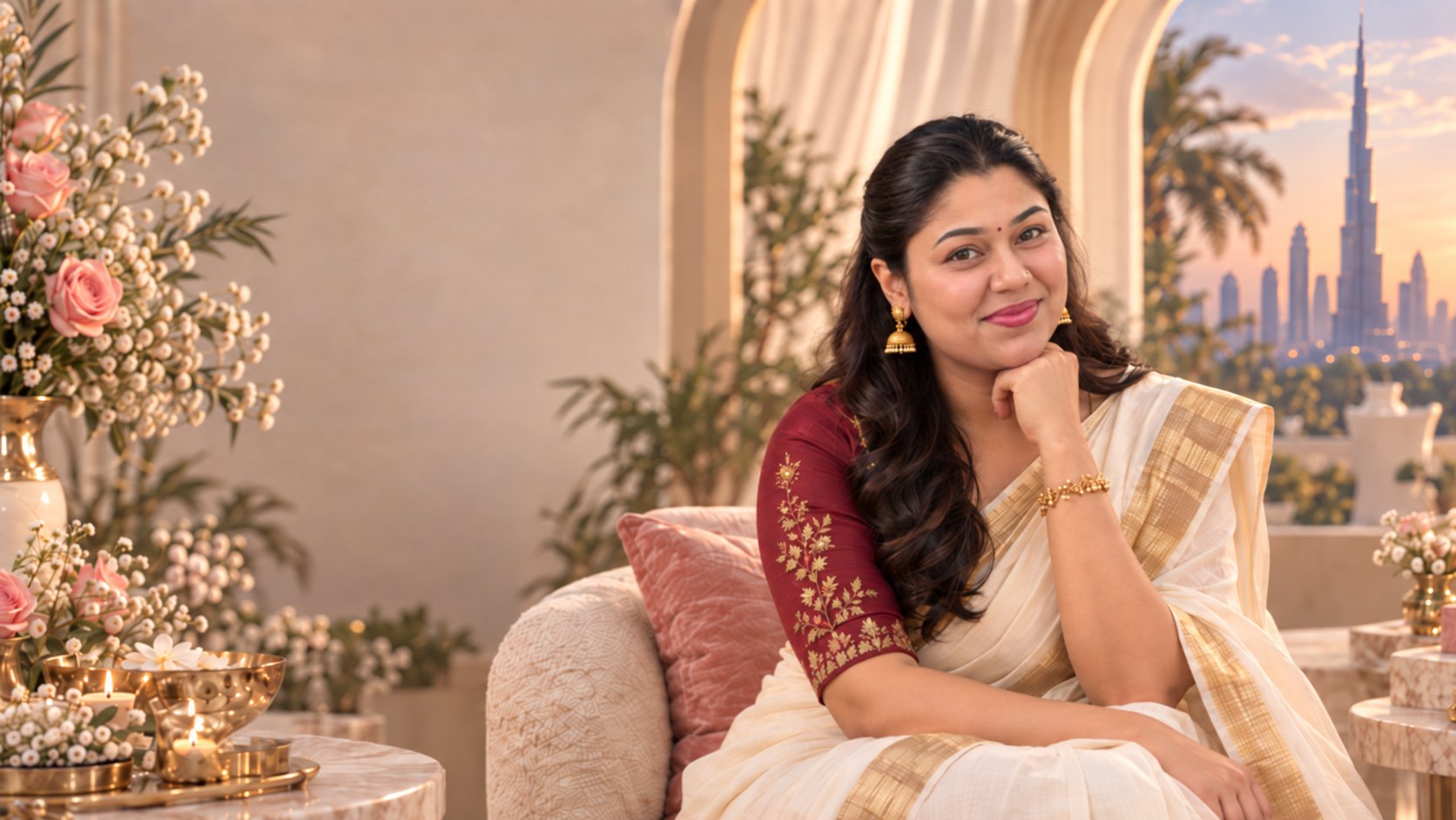 Aura founder in Kerala saree with Dubai skyline